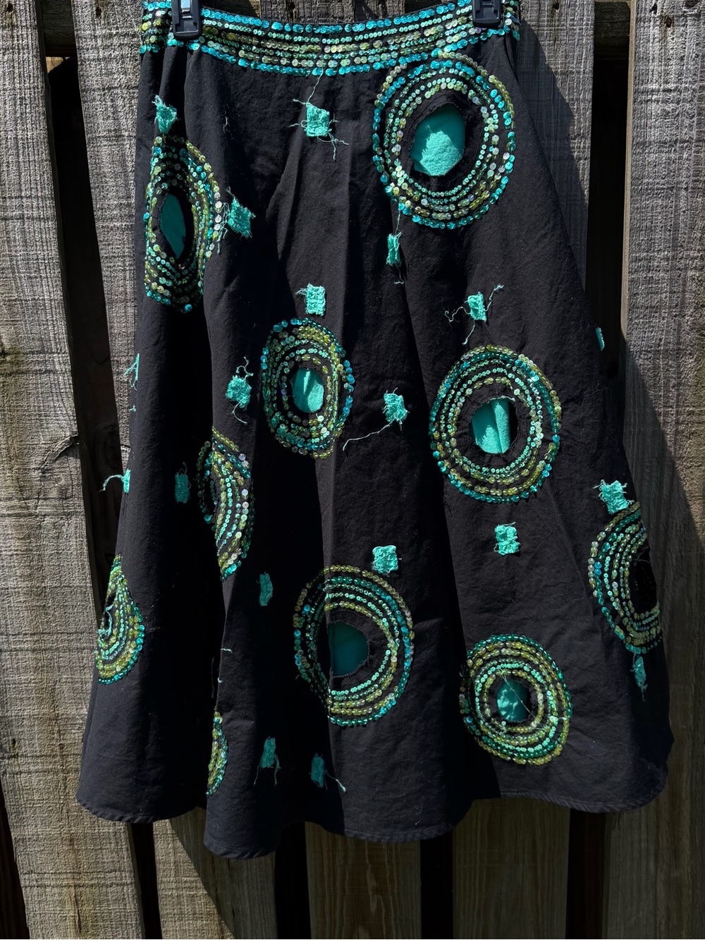 A-Line Maxi Skirt with Teal Sequin Circle Accents Basil and Maude Anthro